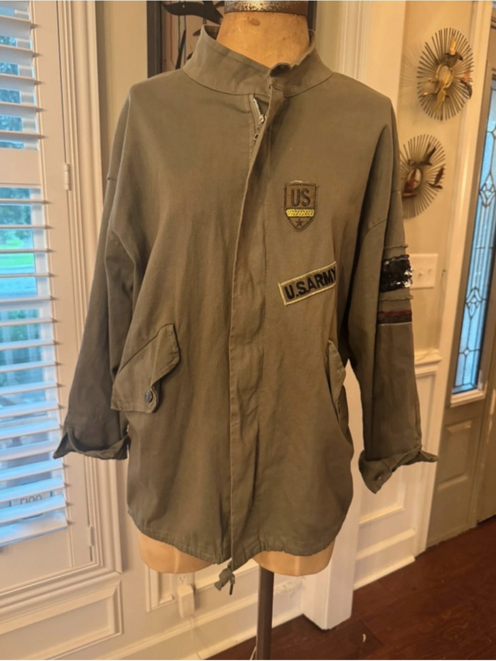 Le Stelle Made in Italy Olive Military Jacket Sequin U.S. Army Patch Utility